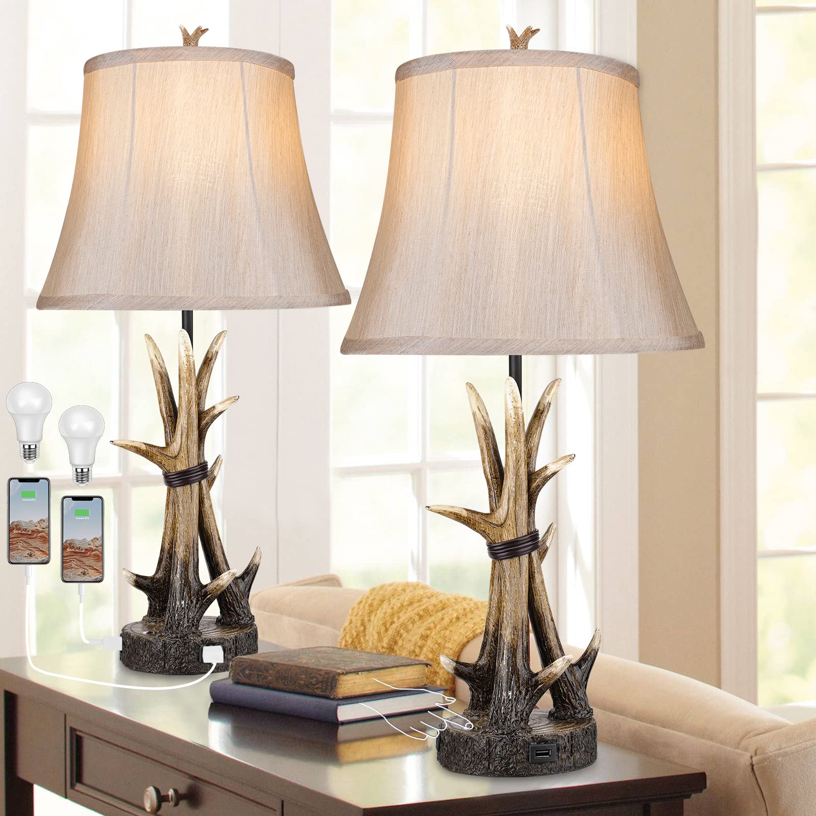 Hamucd Rustic Table Lamps for Living Room Set of 2, Farmhouse
