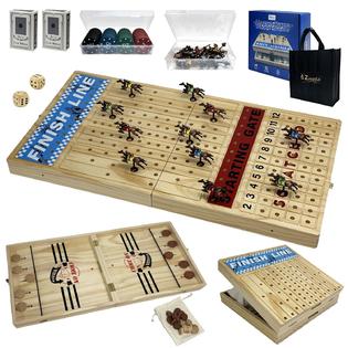 MerryPony Large Horse Racing Board Game | 21" Foldable Wood Board, 11 Metal Horses, Chips, Dice & Cards | Family Party Game