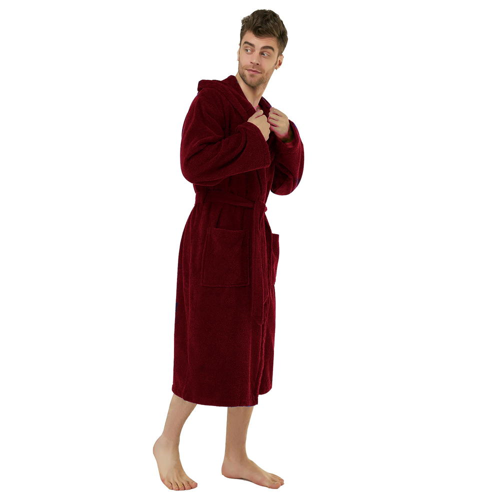Spa & Resort Sales Burgundy Terrycloth Hooded Robe for Men, 100% Cotton, One Size Adult. Spa & Resort Sales