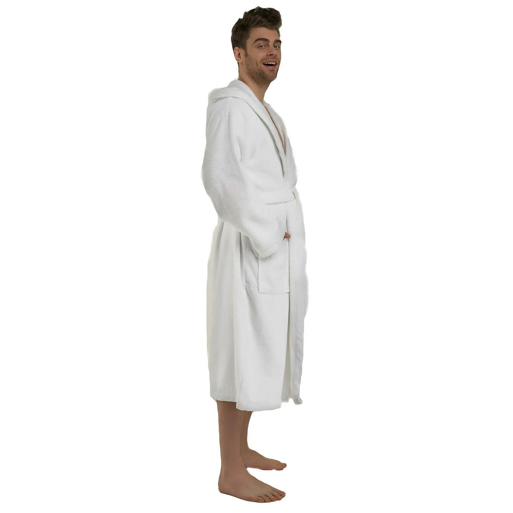 Spa & Resort Sales Mens White Hooded Robe for Men, 50 inch Length, Fist most Medium, Large and XL Sizes. 