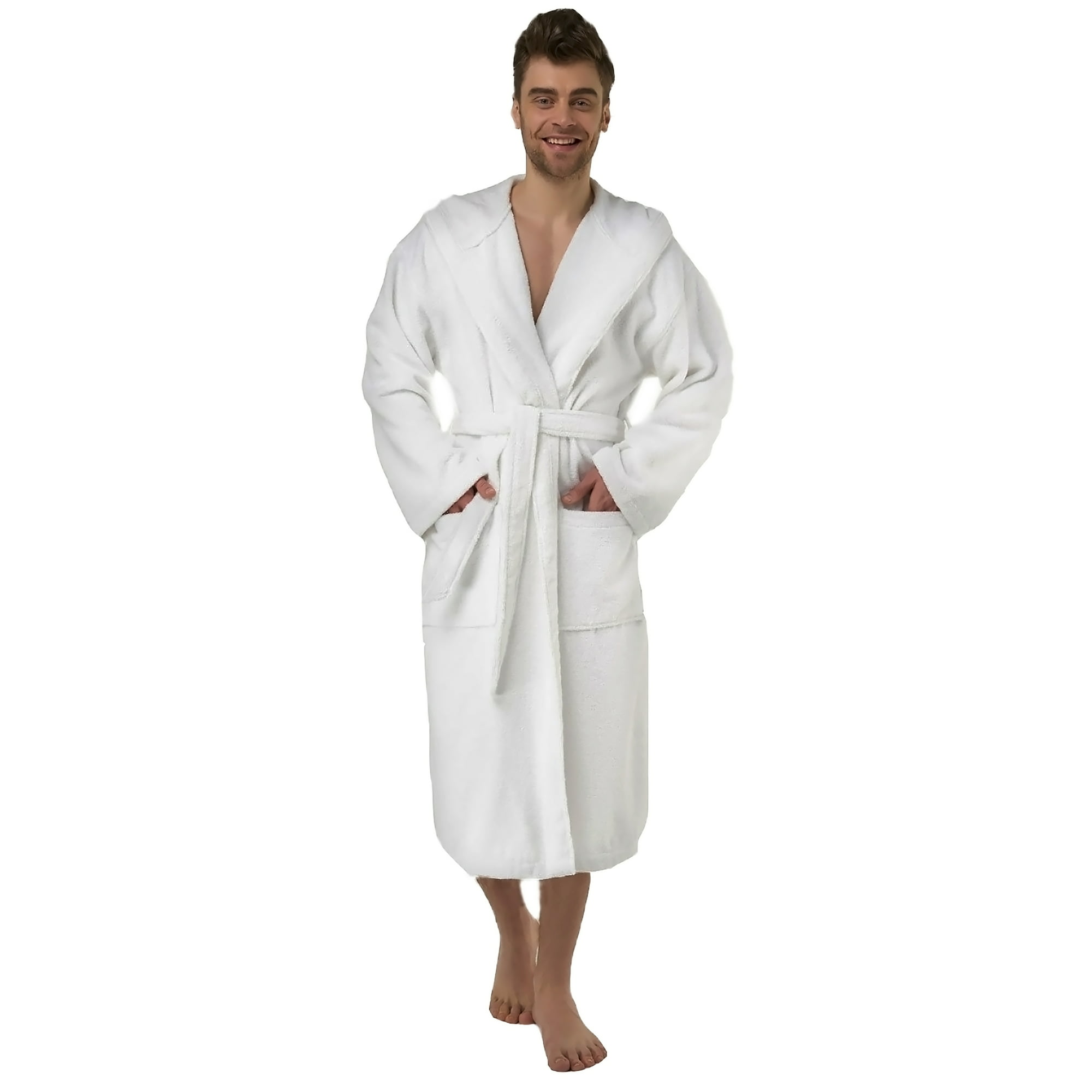 Spa & Resort Sales Mens White Hooded Robe for Men, 50 inch Length, Fist most Medium, Large and XL Sizes. 