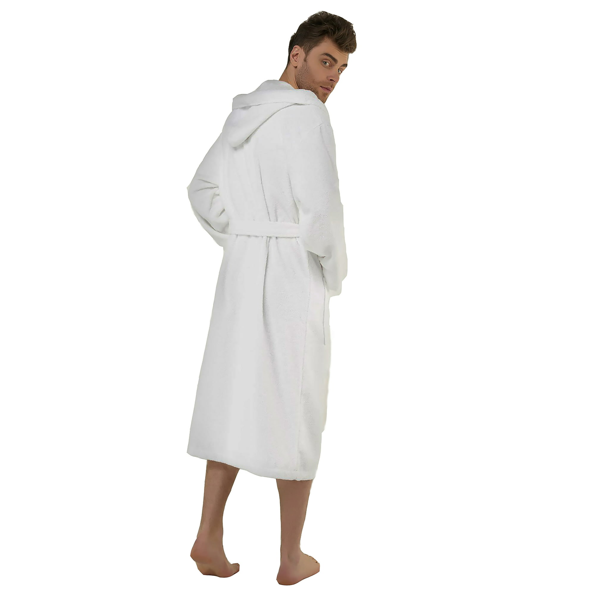 Spa & Resort Sales White Hooded Spa Robe for Men, Full Length,  Long Sleeves, Fist most Medium, Large and XL Sizes. 