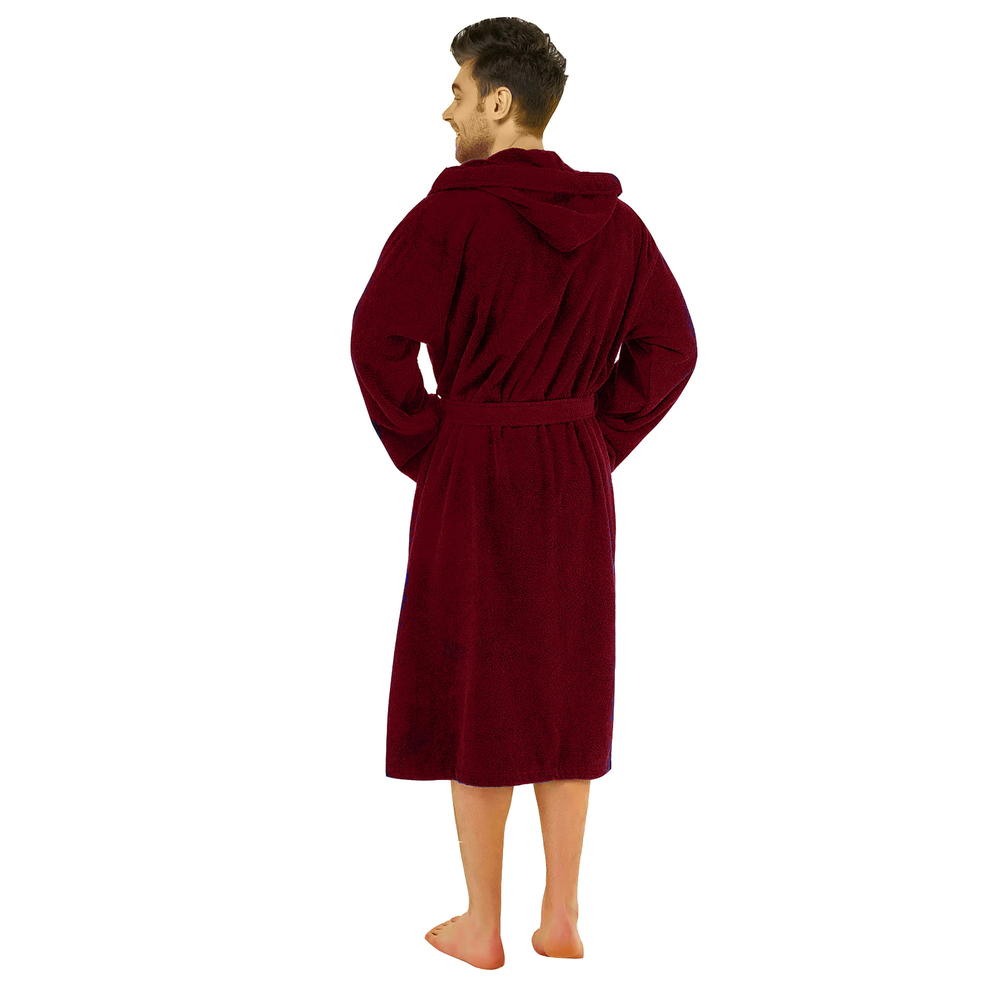 Spa & Resort Sales Burgundy Terry cloth Hooded Robe for Men, 51 inch Length, Fist most Medium, Large and XL Sizes. 