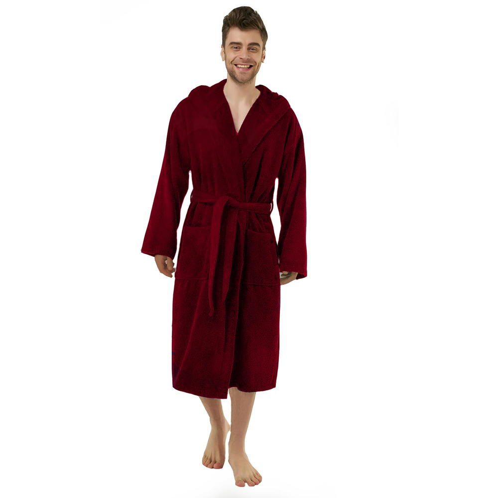 Spa & Resort Sales Burgundy Terry cloth Hooded Robe for Men, 51 inch Length, Fist most Medium, Large and XL Sizes. 