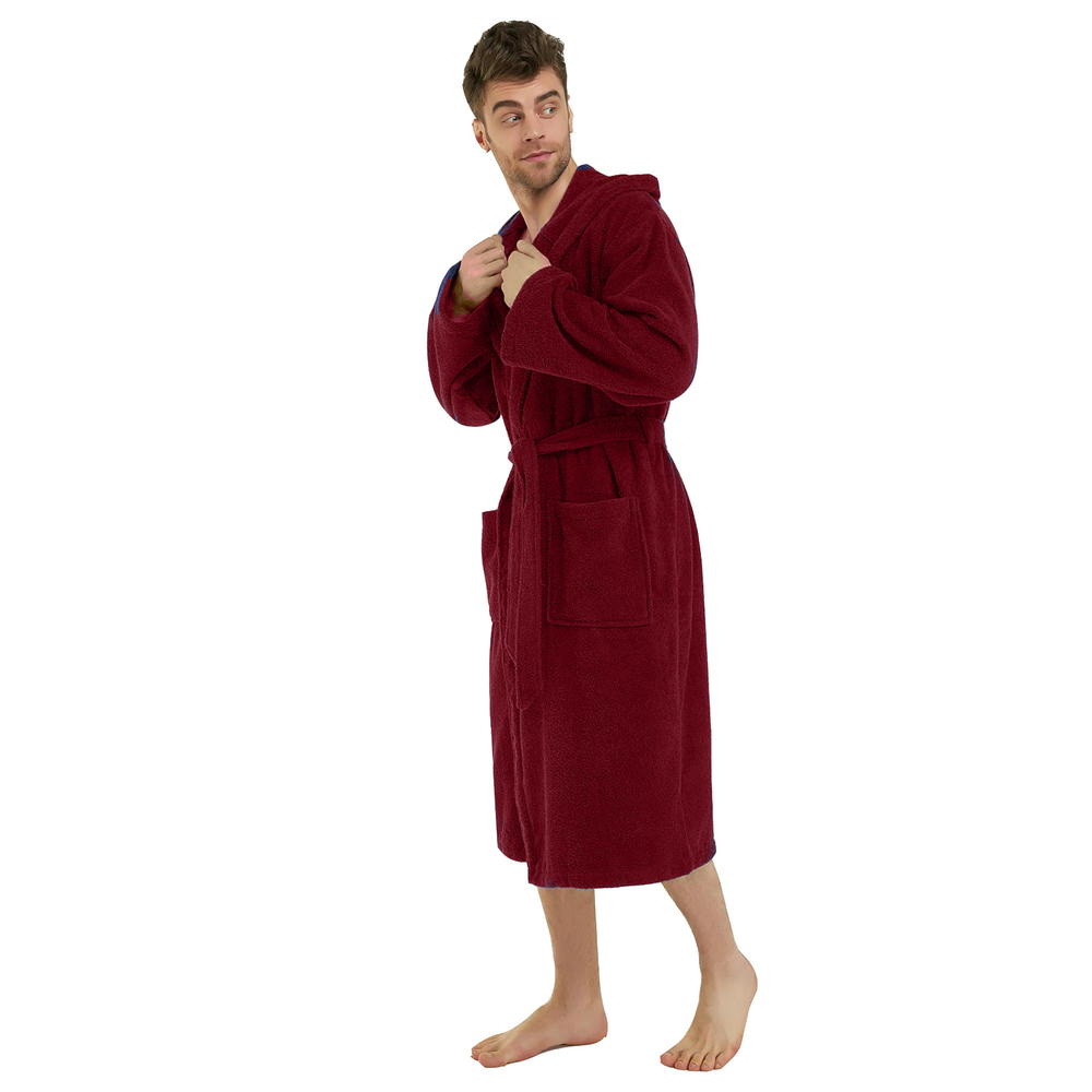 Spa & Resort Sales Adult Burgundy Hooded 100% Cotton Terry cloth Robe for Men, Fist most Medium, Large and XL Sizes. 