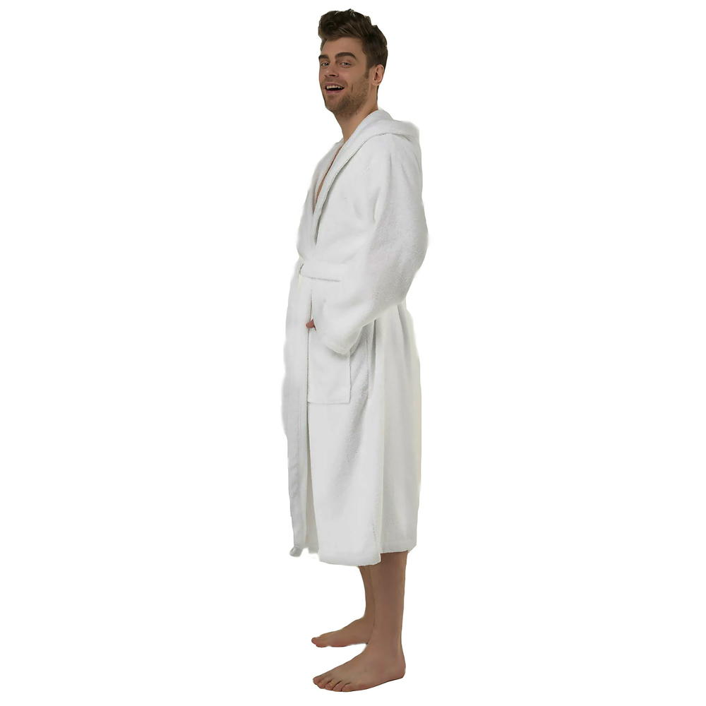 Spa & Resort Sales White Polar Fleece Hooded Robe for Men, Full Length 50 inches. Spa & Resort Sales