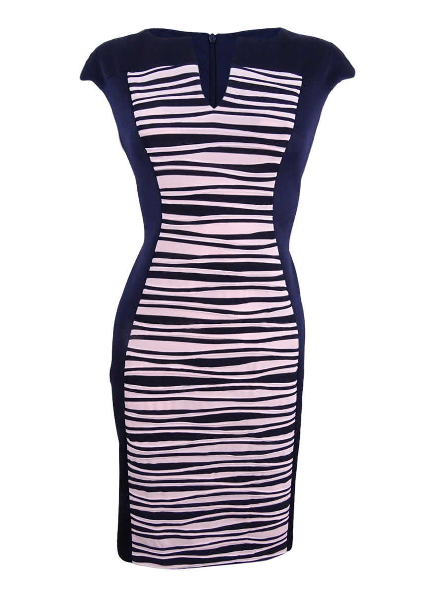 Connected Women's Petite Printed Contrast Sheath Dress (4P, Navy/Pink)
