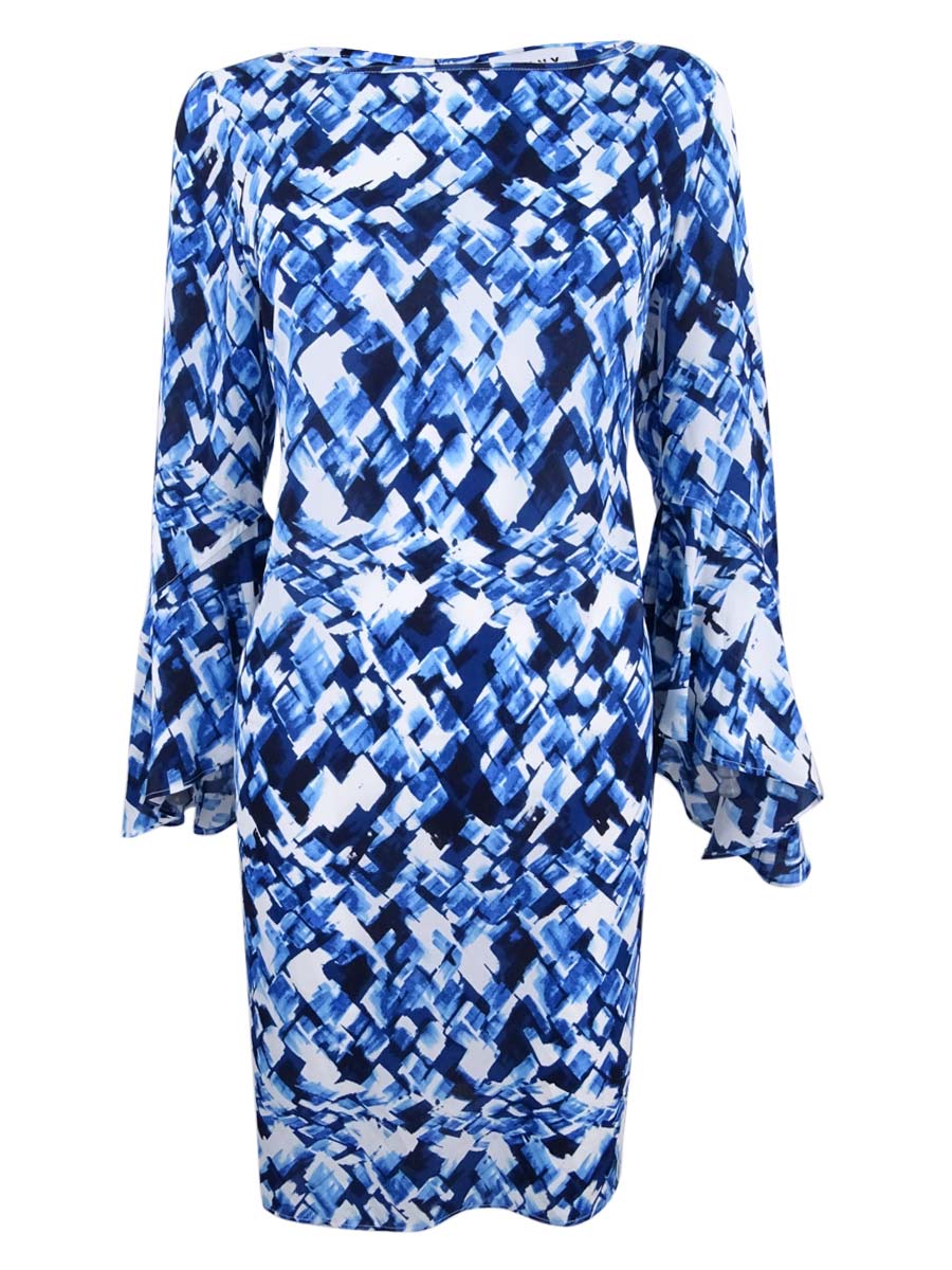 DKNY Women's Bell-Sleeve Printed Chiffon Shift Dress (8, Blue/Multi)