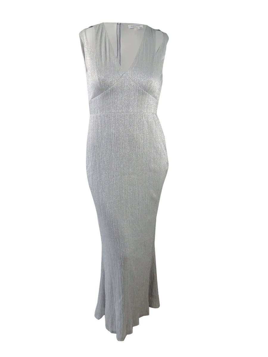 Calvin Klein Womens Metallic Full-Length Evening Dress Silver 2