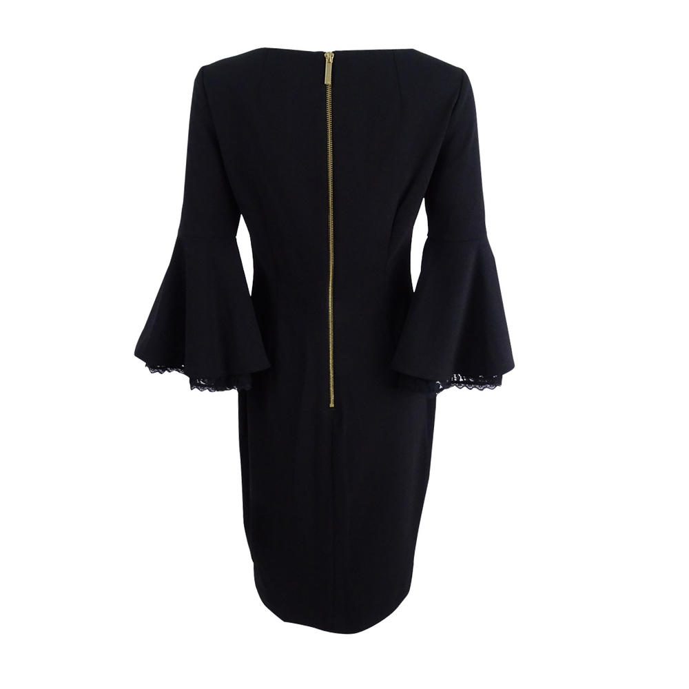 Calvin Klein Women's Petite Lace Trim Bell-Sleeve Sheath Dress (10P, Black)
