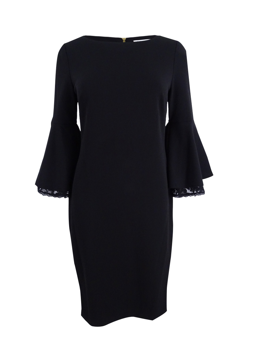 Calvin Klein Women's Petite Lace Trim Bell-Sleeve Sheath Dress (10P, Black)