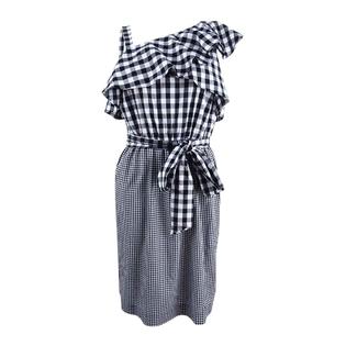 Calvin Klein Gingham One-Shoulder Flounce Dress - Black 14 Calvin Klein Gingham One-Shoulder Flounce Dress - Black 14