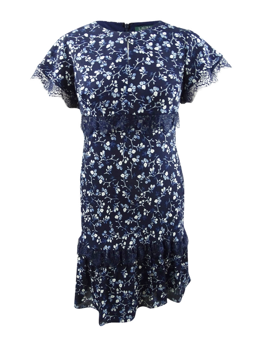 Ralph Lauren Lauren by Ralph Lauren Women's Lace-Trim Floral Printed Dress (16, Navy Multi)