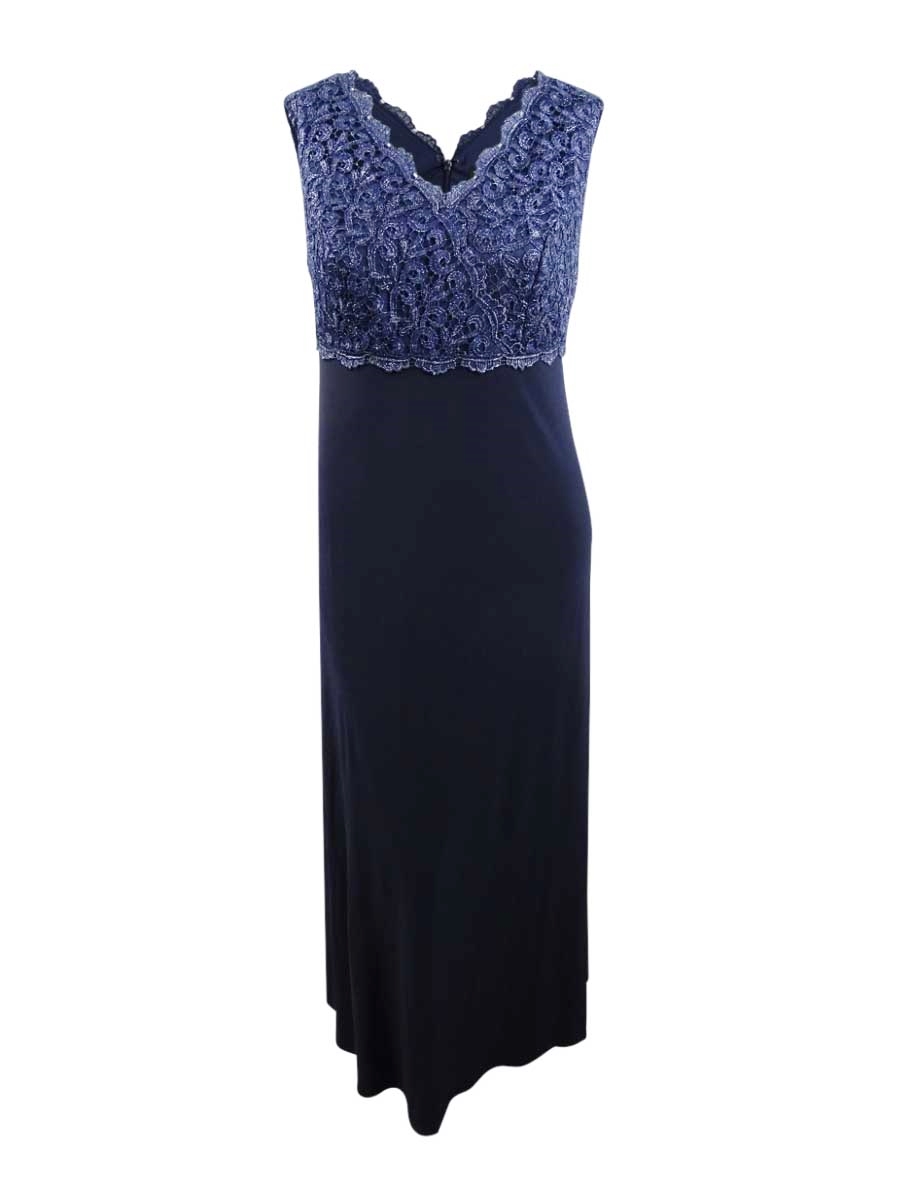 Alex Evenings Plus Size Solid & Glitter Lace Surplice Gown