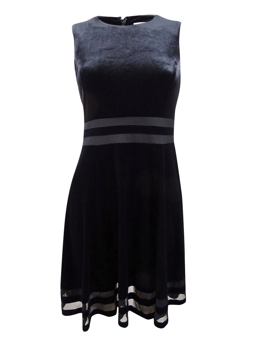 Calvin Klein Women's Petite Velvet Illusion A-Line Dress (4P, Black)