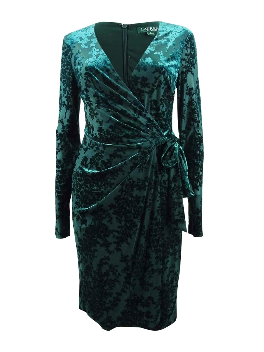 Lauren by Ralph Lauren Women's Petite Flocked Velvet Wrap Dress