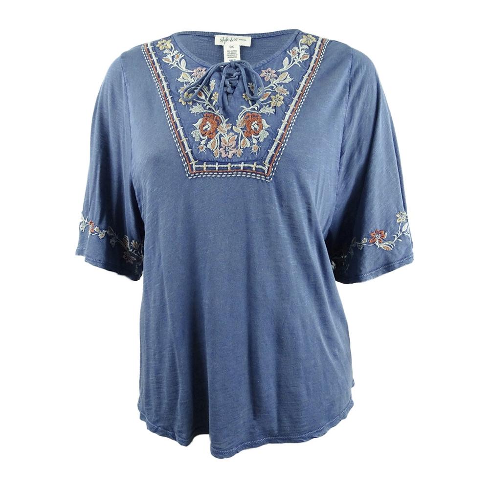Style & Co. Women's Plus Size Lace-Up Embroidered Peasant Top