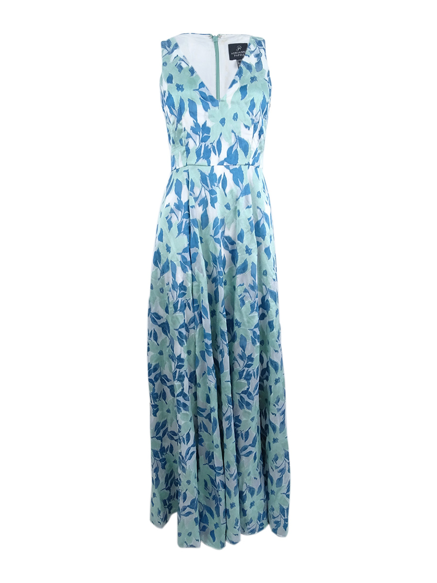 Adrianna Papell Women's Floral-Print A-Line Gown (4, Aqua Multi)