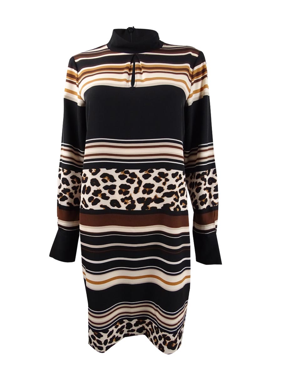 Dkny Women's Mixed-Print Turtleneck Dress (M, Camel French Vanilla Multi)