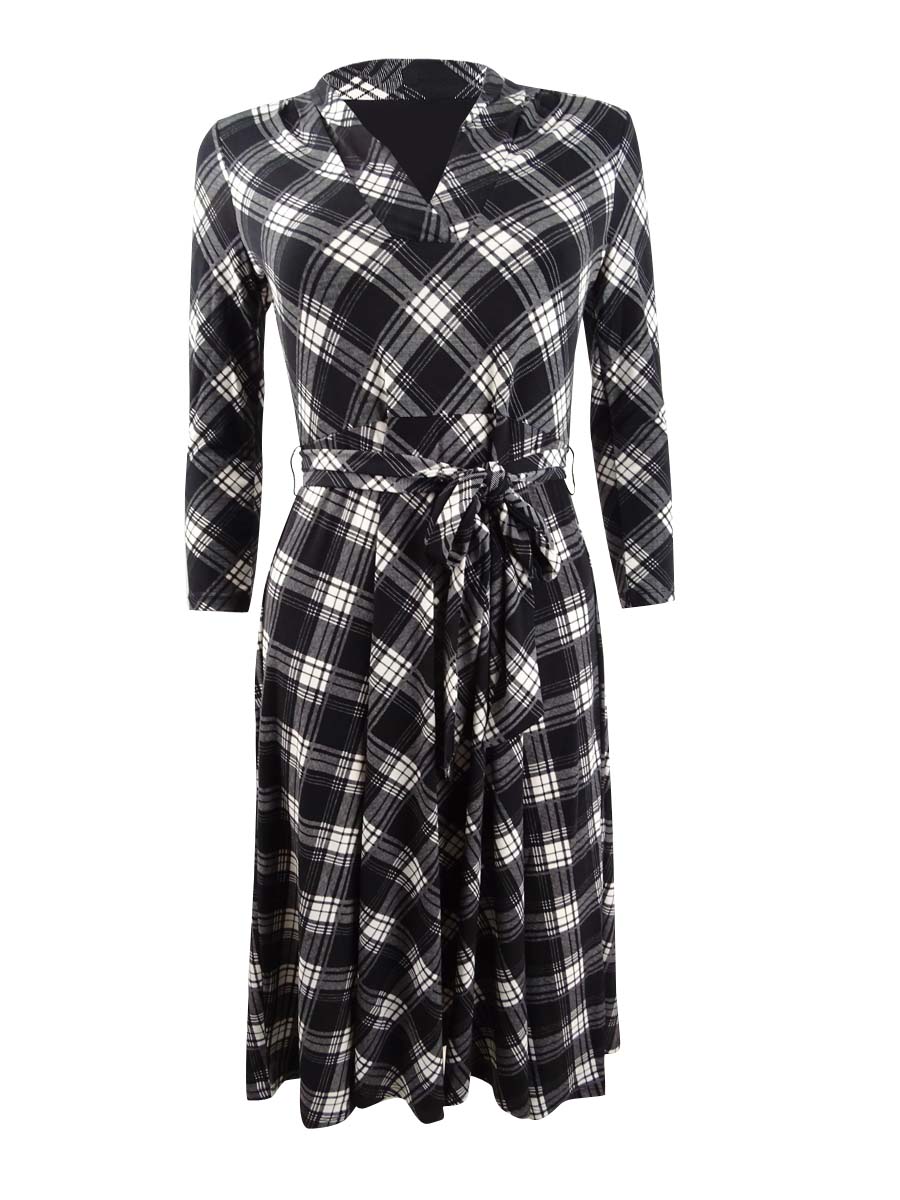Charter Club Womens Petite Plaid Fit & Flare Dress, Deep Black Combo Charter Club Womens Petite Plaid Fit & Flare Dress, Deep Black Combo