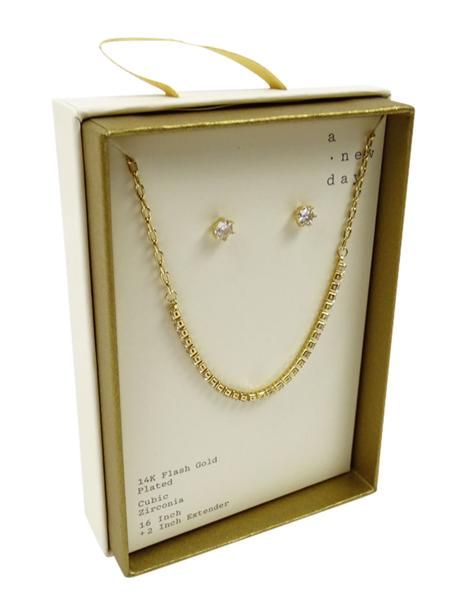 A New Day Rhinestone Chain Necklace-Earring Set (16-18 Silver/Gold)