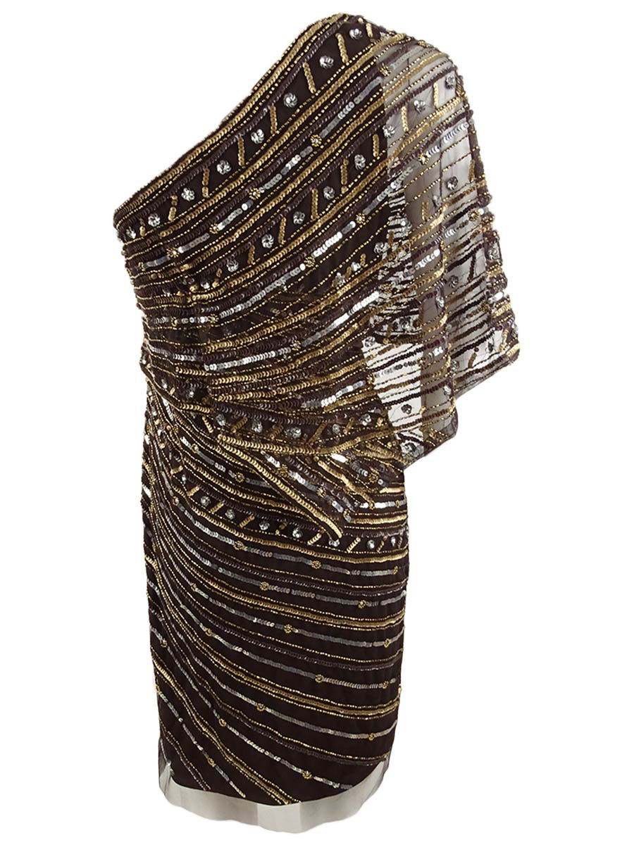 Adrianna Papell Women's Sequined One-Shoulder Sheath Dress (2, Dark Chocolate)