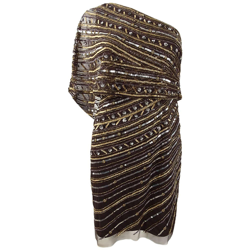 Adrianna Papell Women's Sequined One-Shoulder Sheath Dress (2, Dark Chocolate)