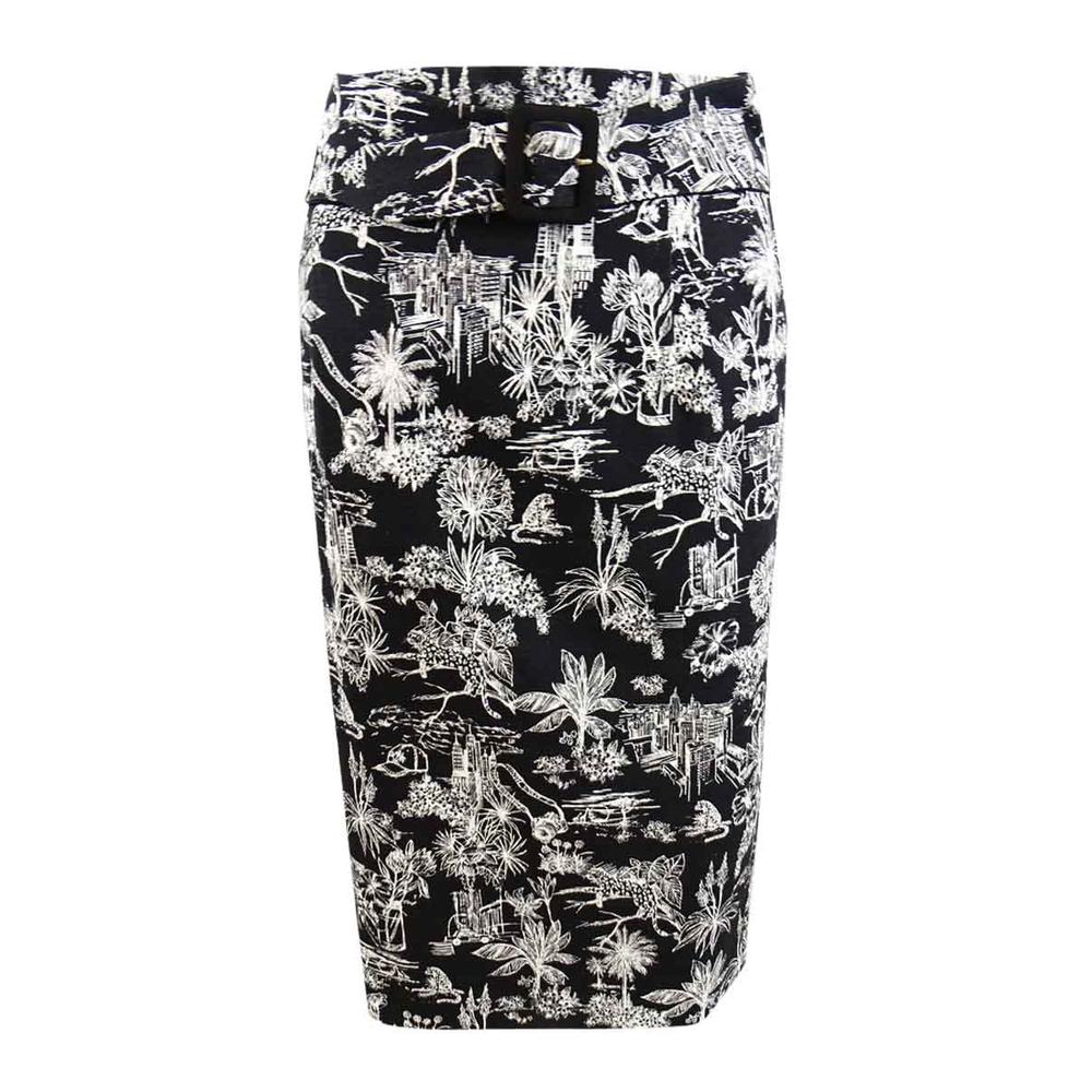Marella Women's Belted Tropical Scene-Print Skirt (4, Black/White)