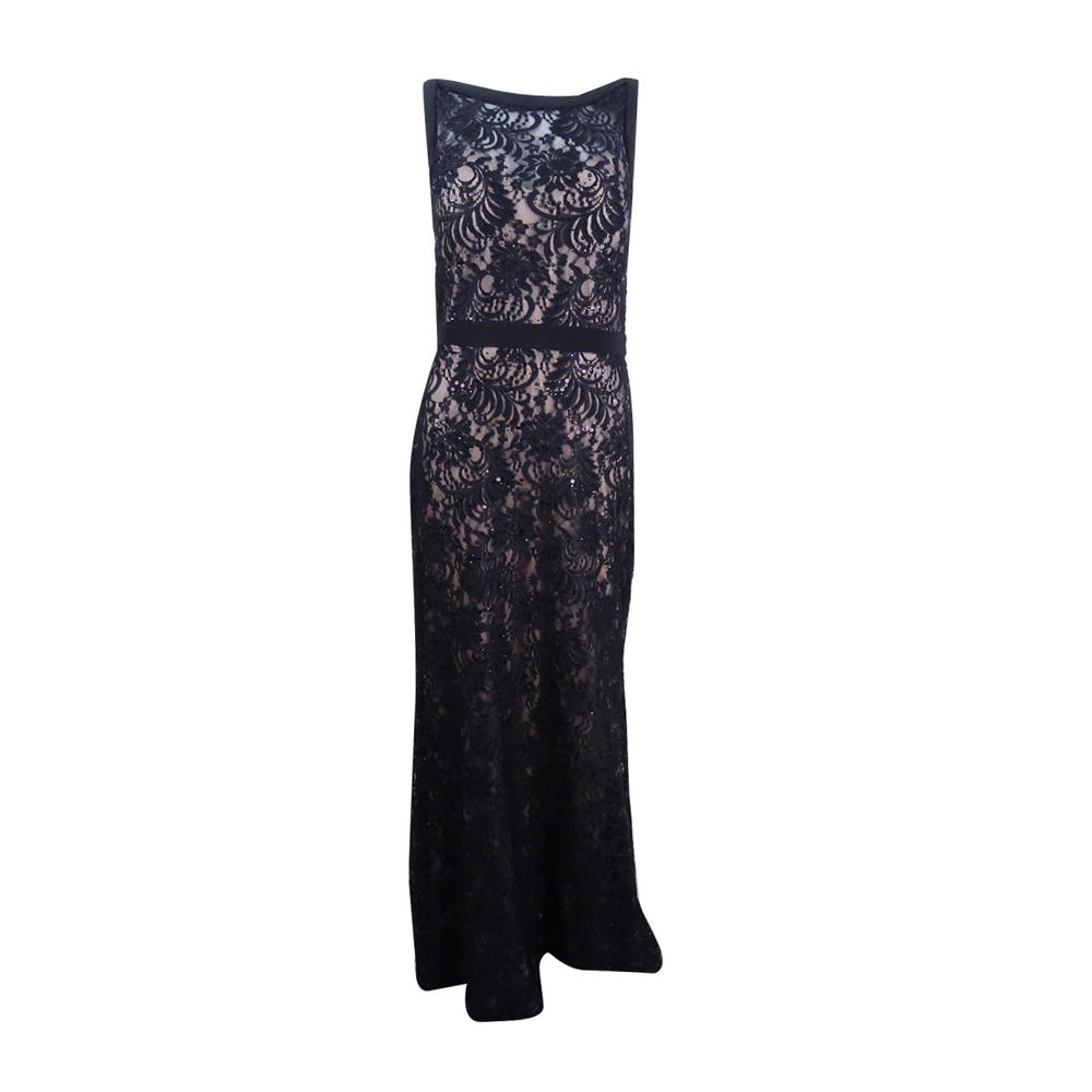 Nightway Women's Illusion Sequined Lace Train Gown