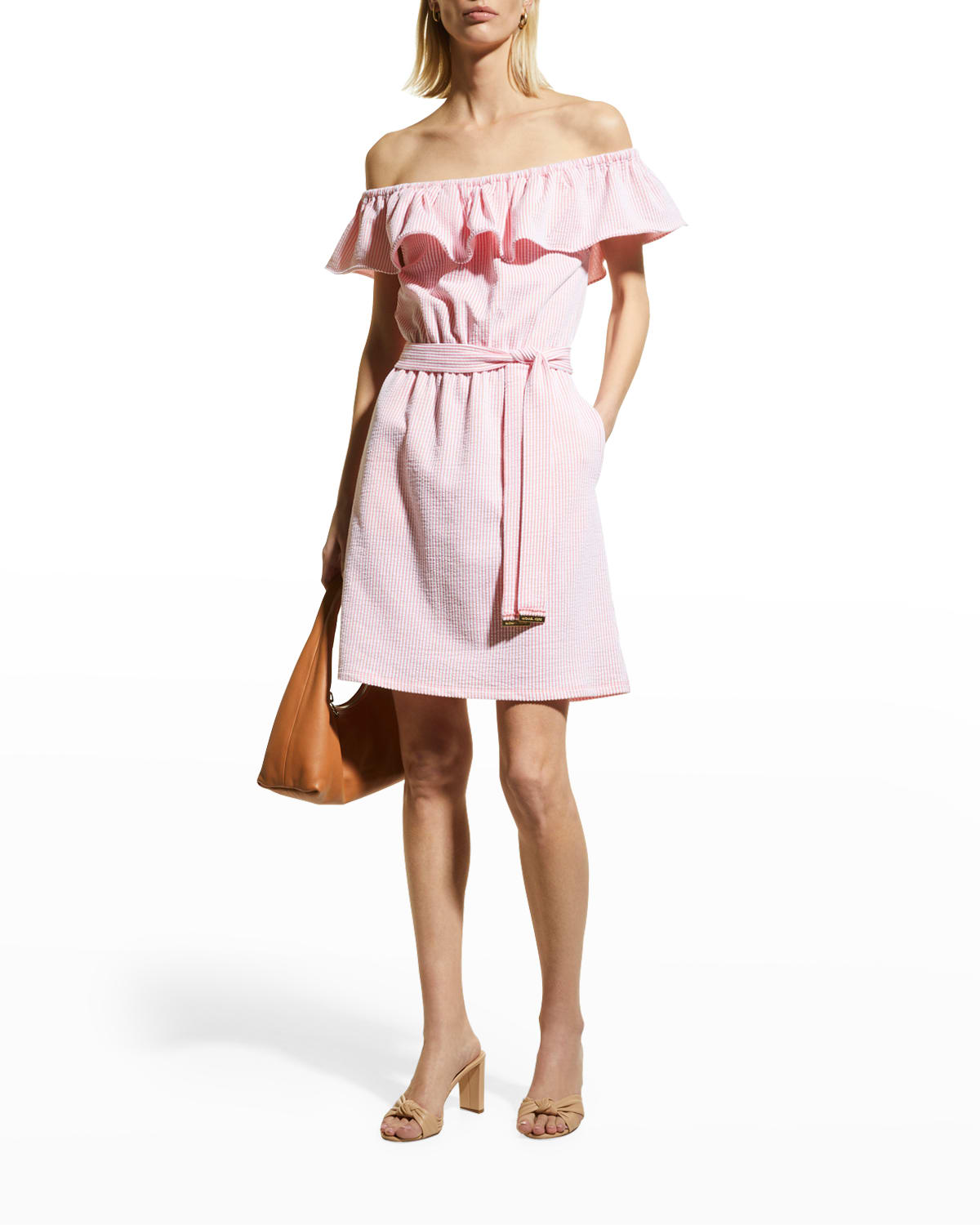 Michael Kors MICHAEL Michael Kors Women's Plus Ruffled Off-The-Shoulder Dress(3X, Grapefruit)