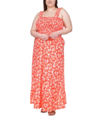 Michael Kors MICHAEL Michael Kors Women's Plus Printed Smocked Maxi Dress (2X, Sangria)
