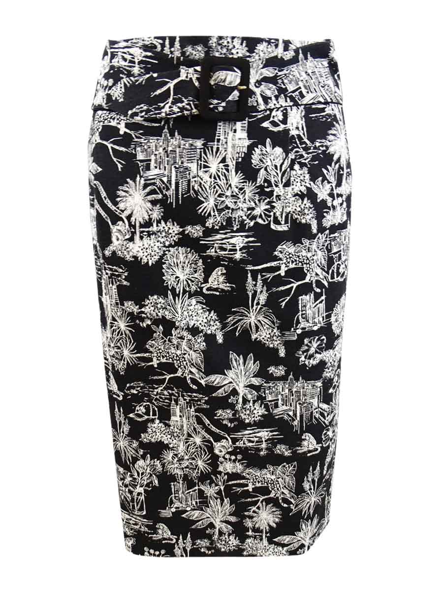 Marella Women's Belted Tropical Scene-Print Skirt (4, Black/White)