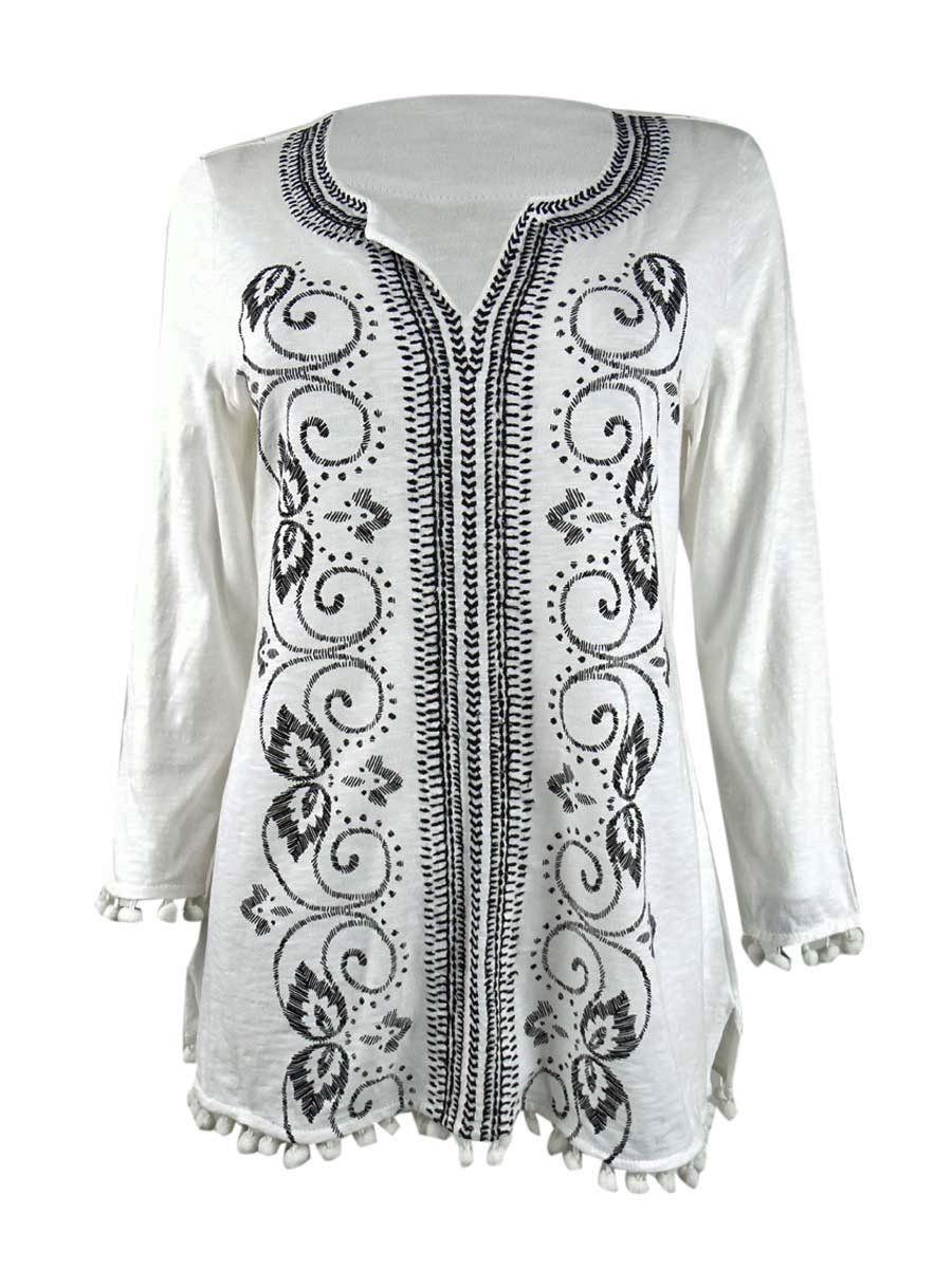Charter Club Women's Embroidered Pom-Pom Tunic Top