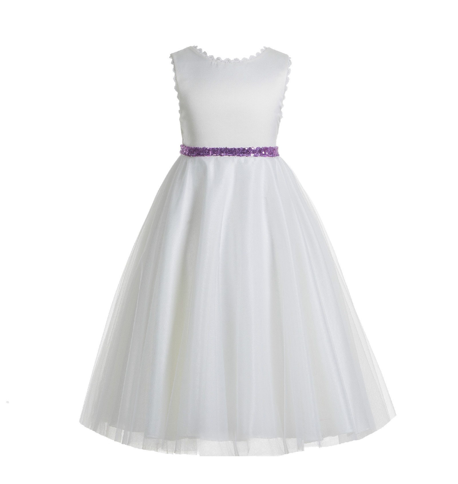 White V-Back Lace Edge Junior Flower Girl Dress Holy Baptism First Communion Christening Dresses 183 White / lilac / 12 White V-Back Lace Edge Junior Flower Girl Dress Holy Baptism First Communion Christening Dresses 183 White / lilac / 12