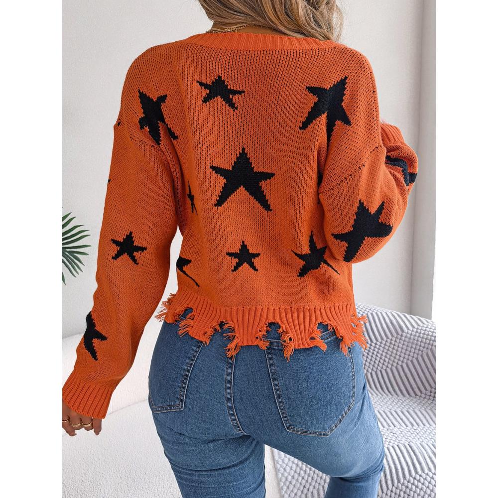 Yazona Star Pattern Distressed V-Neck Cropped Sweater
