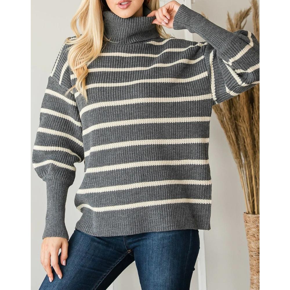 Yazona Women's Heavy Knit Striped Turtle Neck Knit Sweater
