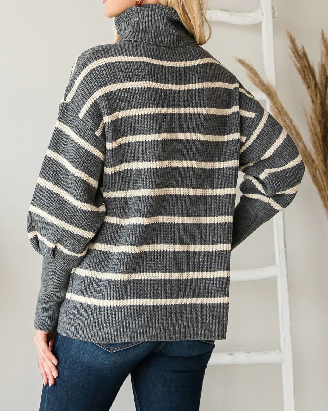 Yazona Women's Heavy Knit Striped Turtle Neck Knit Sweater