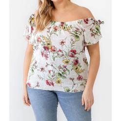Yazona Women's Plus Ivory Floral Print Woven Linen Blend Off-the-shoulder Relax Top