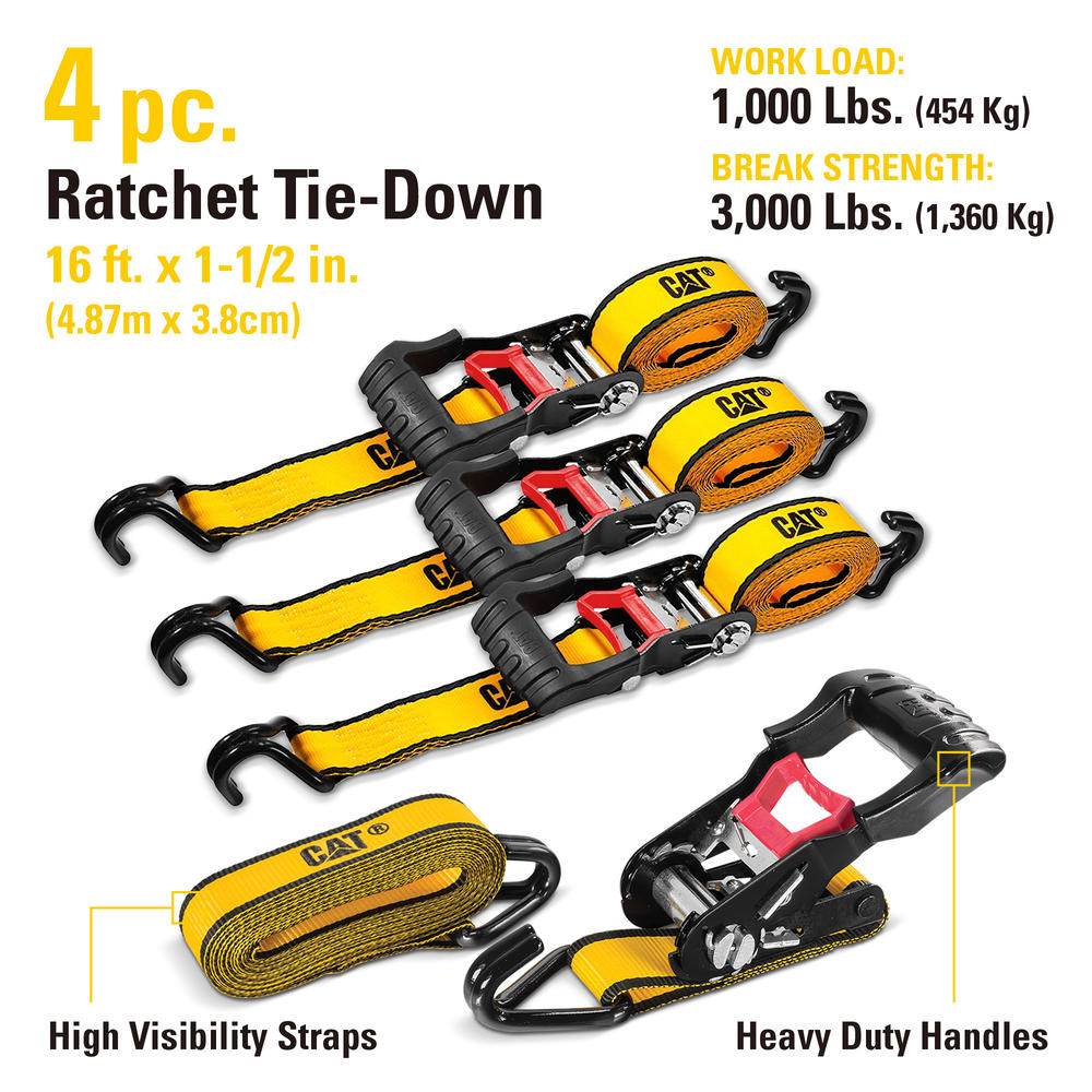 Cat Footwear Cat 4 Piece Ratchet Tie Down Set with Soft Hooks - 16 Feet x 1-1/2 Inches (1000/3000) - 980076E