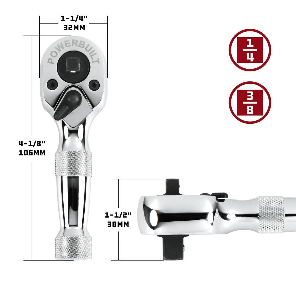 Powerbuilt 1/4 Inch and 3/8 Inch Drive 72 Tooth Dual Head Stubby Ratchet - 940931