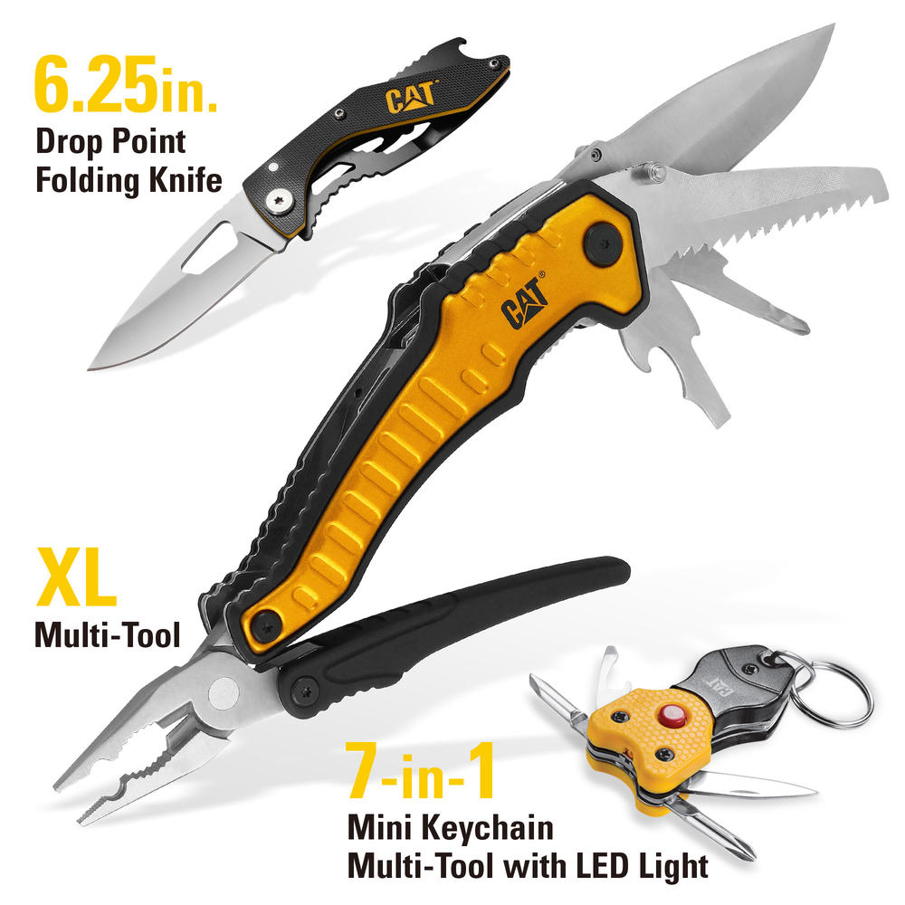 Cat Footwear Cat 3 Piece 9-in-1 Multi-Tool, Knife, and Multi-Tool Key Chain Gift Box Set - 240125
