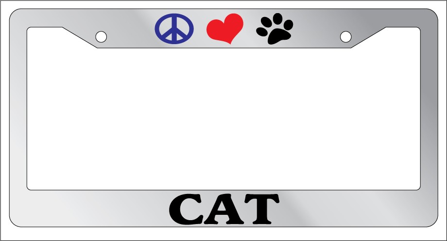 SEC13 Frames Chrome METAL License Plate Frame PEACE LOVE PAW CAT Auto Accessory EBSK