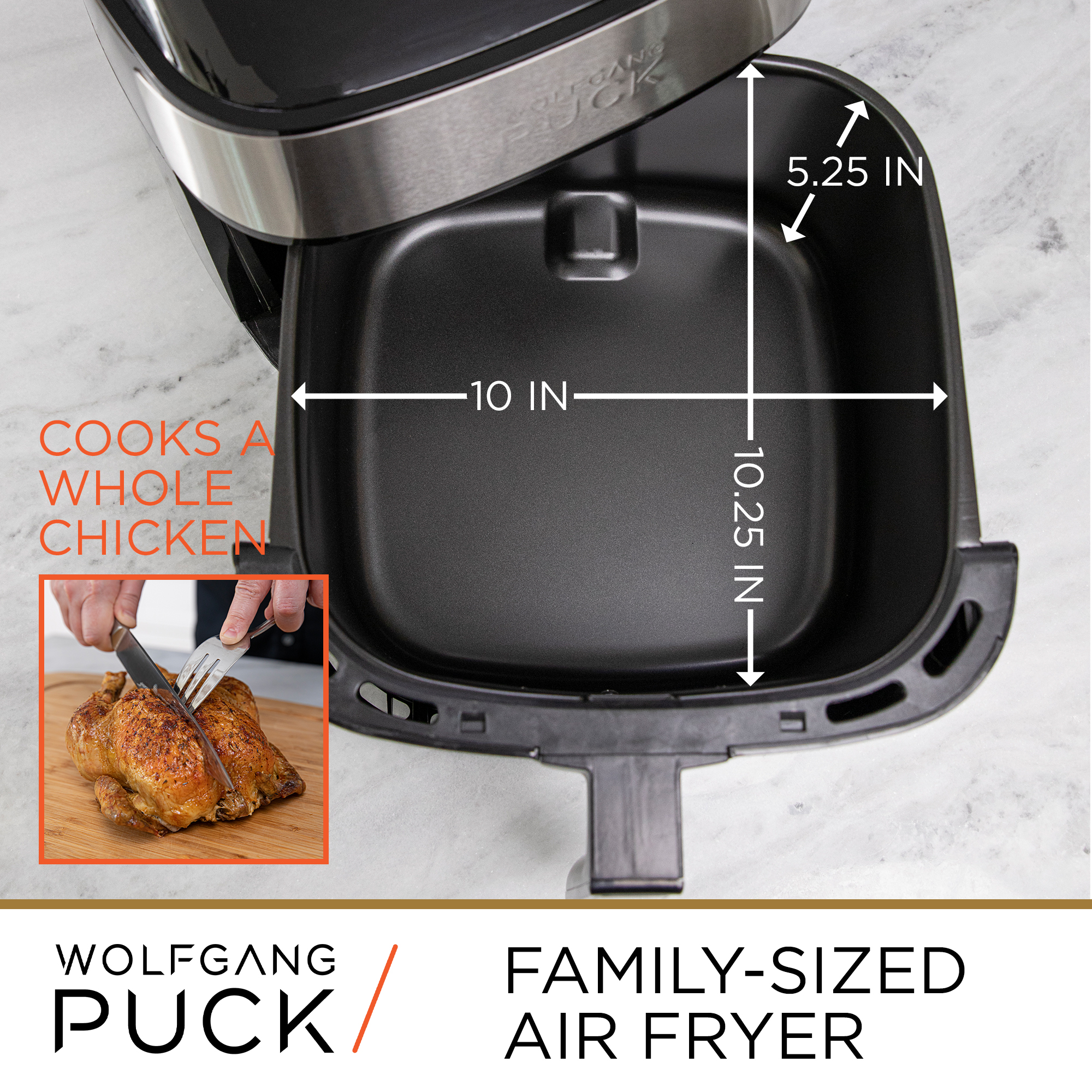 Wolfgang  Puck Wolfgang Puck 9.7QT Stainless Steel Air Fryer, Large Single Basket Design, Simple Dial Controls, Nonstick Interior, Includes Co