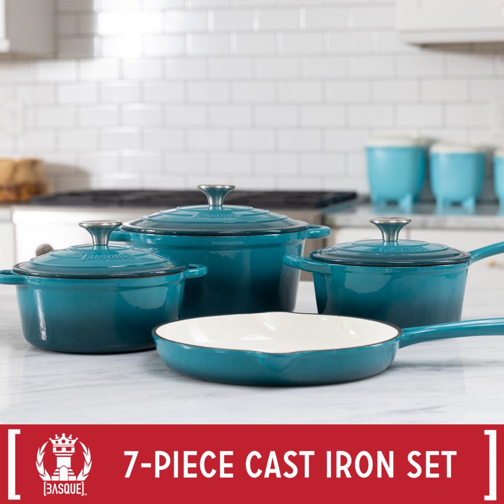 Basque Enameled Cast Iron Cookware Set, 7-Piece Set (Biscay Blue), Nonstick, Oversized Handles, Oven Safe; Skillet, Saucepan, S