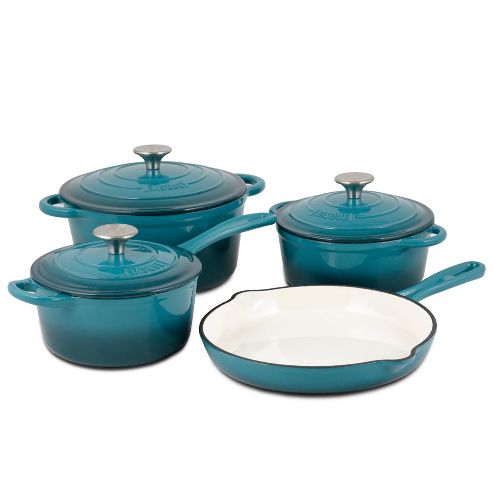 Basque Enameled Cast Iron Cookware Set, 7-Piece Set (Biscay Blue), Nonstick, Oversized Handles, Oven Safe; Skillet, Saucepan, S