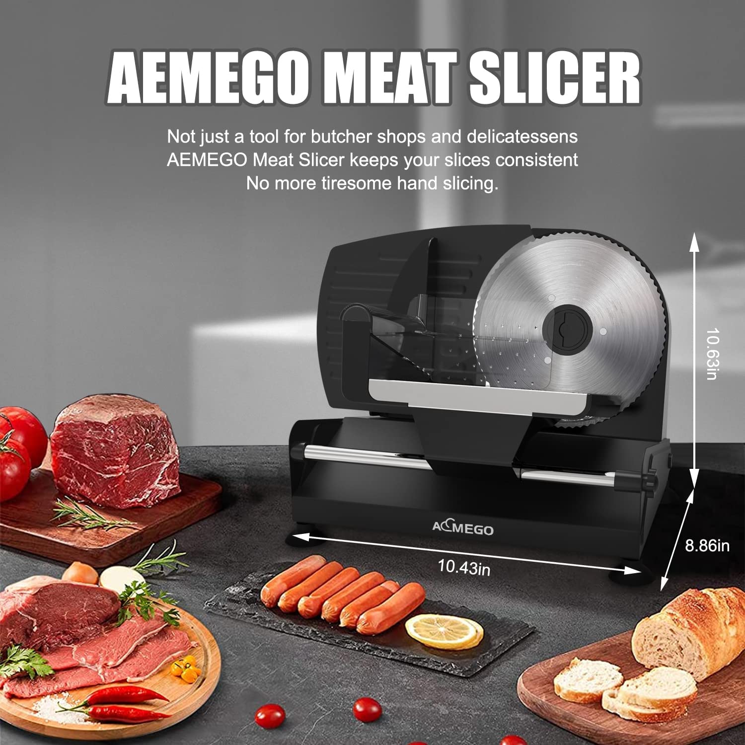Aemego Electric Meat slicer for Home Use 200W, Aemego Food Slicer with Removable Stainless Steel Blade, Adjustable Thickness, Meat Cut