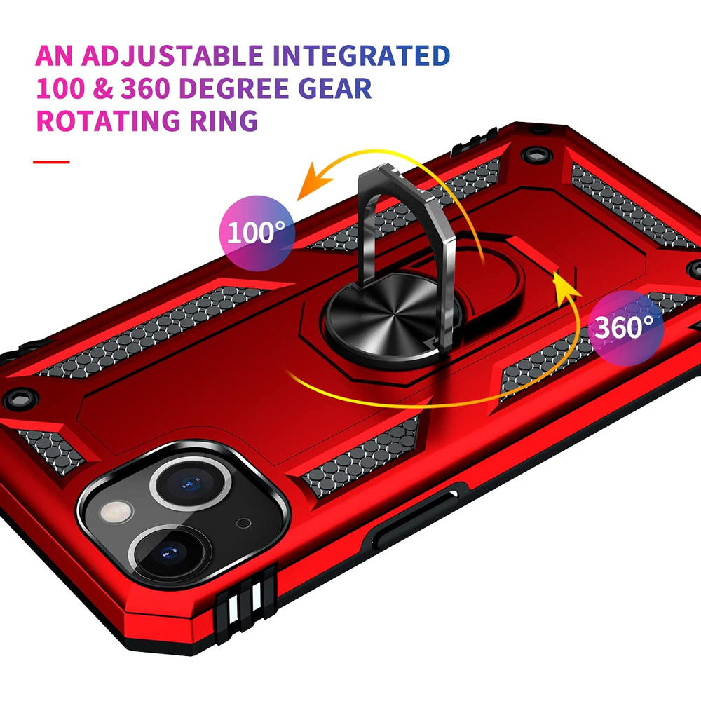 HD Accessory Military Grade Finger Loop Case with 360° Rotating Ring Grip Kickstand for iPhone 14 Plus - Red
