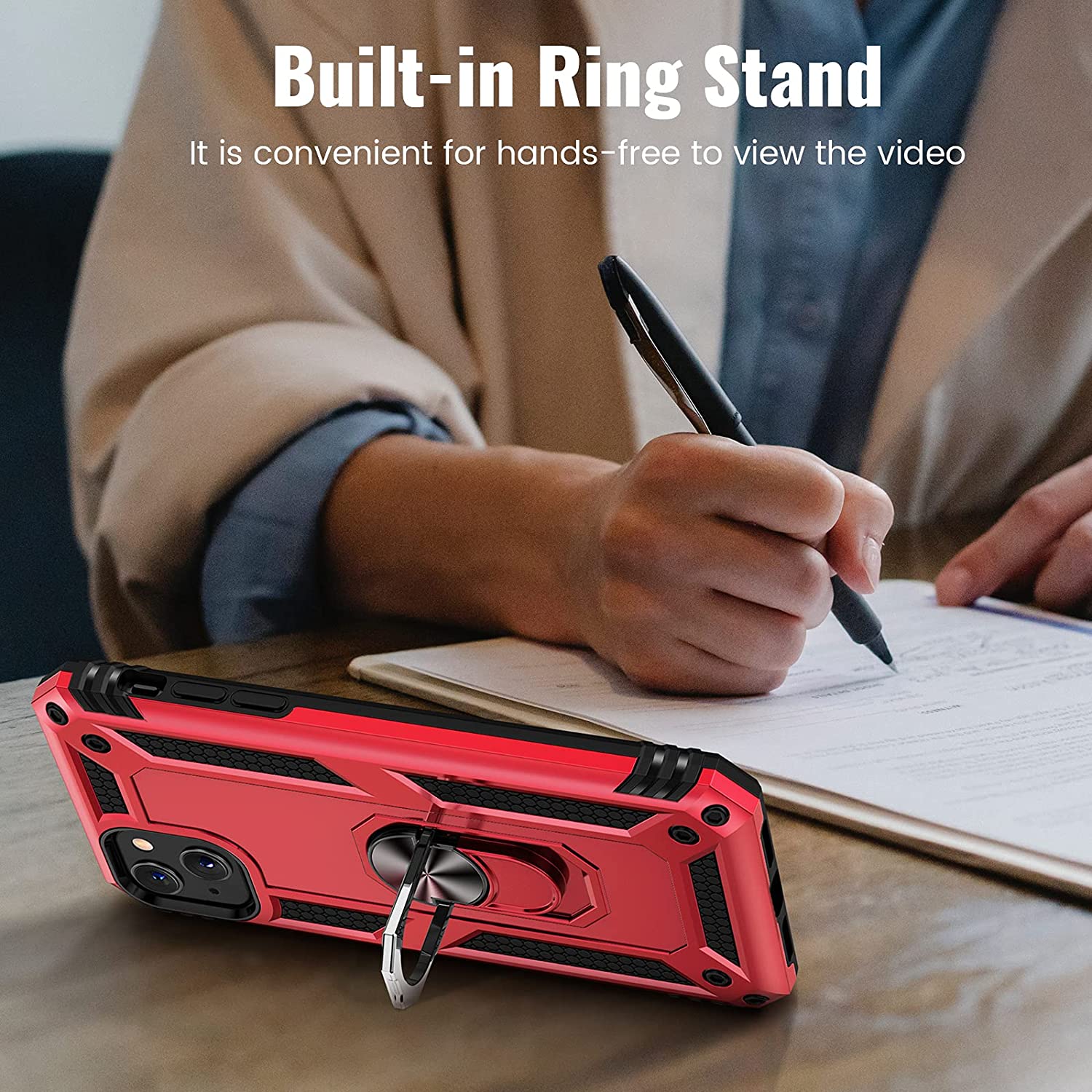 HD Accessory Military Grade Finger Loop Case with 360° Rotating Ring Grip Kickstand for iPhone 14 Plus - Red