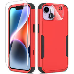 HD Accessory Military Grade TUFF Hybrid Armor Case + Tempered Glass Screen and Camera Lens Protector for iPhone 14 - Red