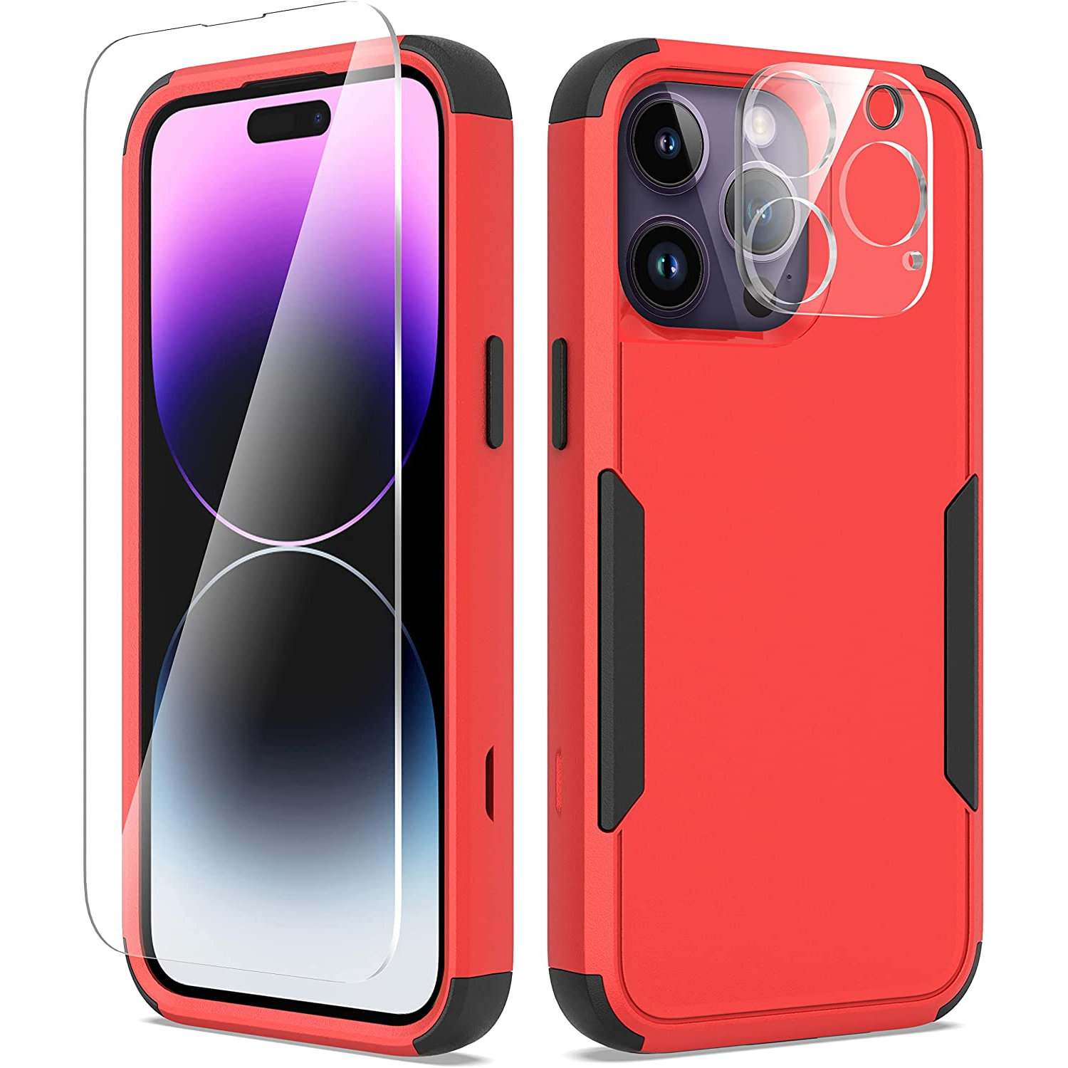 HD Accessory Military Grade TUFF Hybrid Armor Case + Tempered Glass Screen and Camera Lens Protector for iPhone 14 Pro - Red